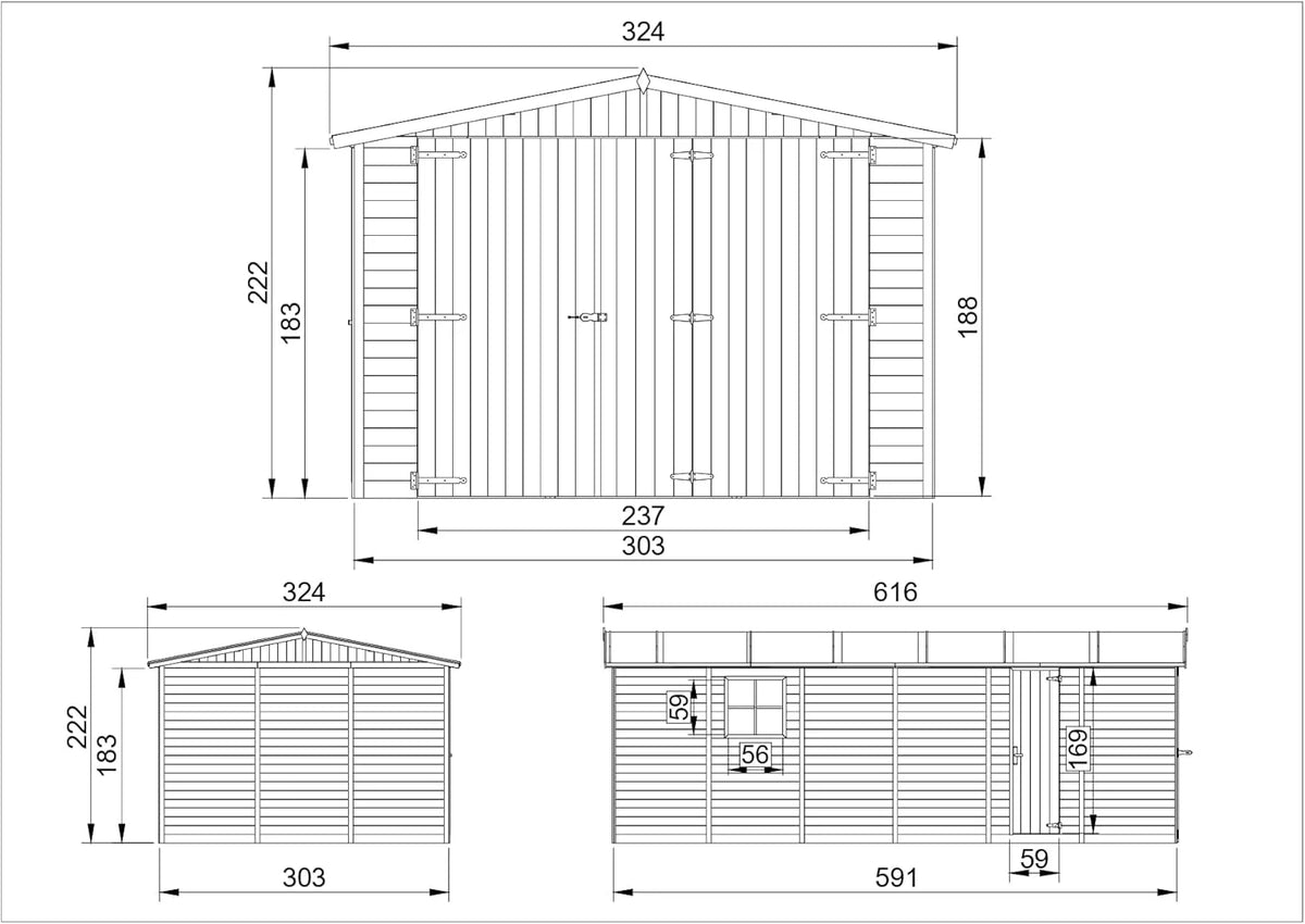 Garagem de Madeira Natural - galpão em Pinheiro/Abeto - A222x616x324 cm / 18 m² - Construção em Painéis - Oficina de jardinagem - Armazenamento de carros, galpão para Ferramentas-TIMBELA M102