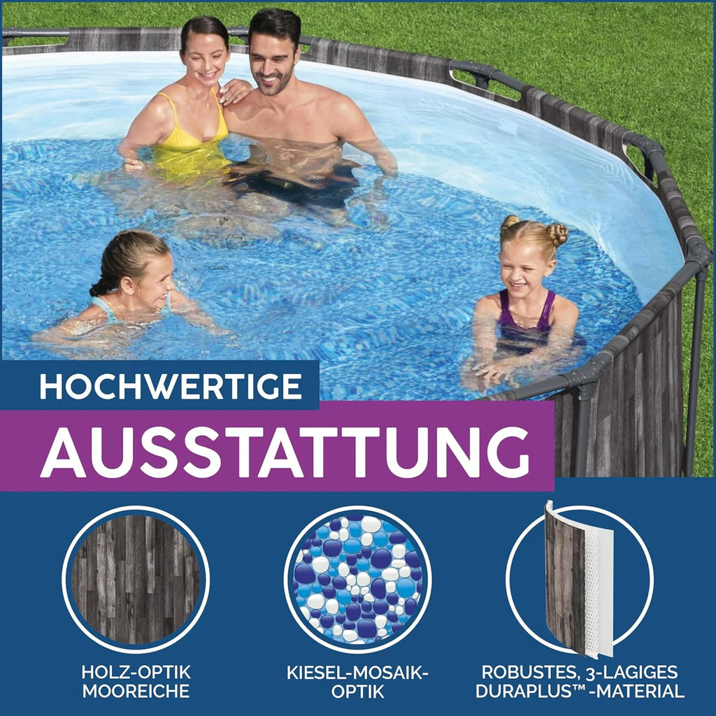 Bestway Steel Pro MAX - Piscina Estrutural Redonda (366 x 100 cm, Inclui Bomba Filtrante, Efeito Madeira)