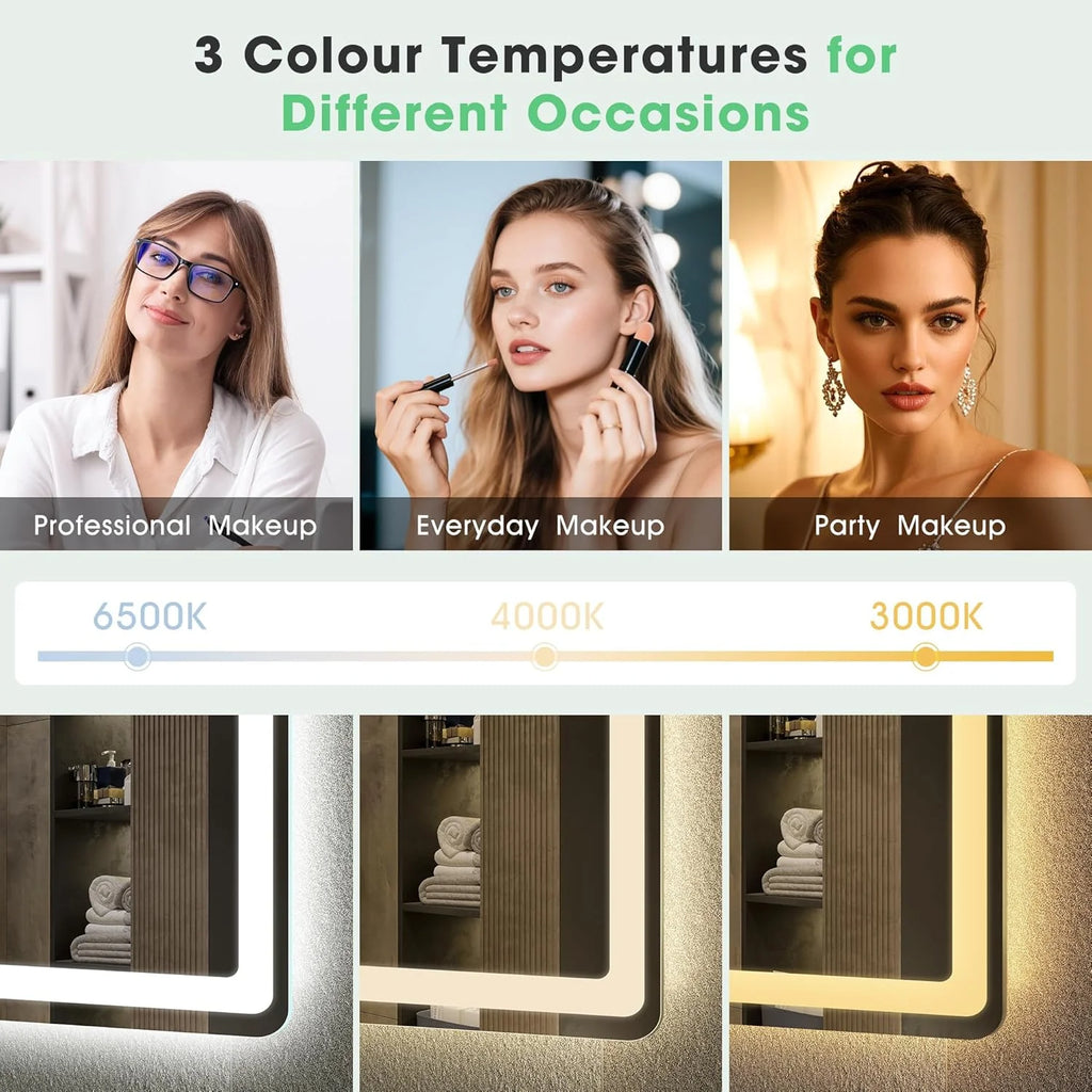 S'bagno Espelho de Banheiro com Luz 120x70cm, Espelho de Banheiro LED Bluetooth com Função Antiembaciamento, 3000K/4000K/6500K, Regulável, Memória, Vidro Temperado HD, IP44-Espelhos de Banheiro com LED, Horizontal/Vertical