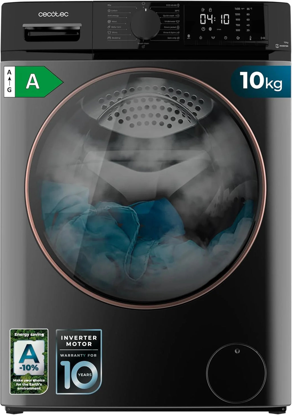 Cecotec Máquina de Lavar 10Kg Carga Frontal Bolero DressCode 10610 Inverter Steel A. 1400 RPM, Steam Max, Motor Inverter Plus, 15 Programas, OnSmart, Smooth Wash, Stop&Go, Borracha Antibacteriana, Drum Clean