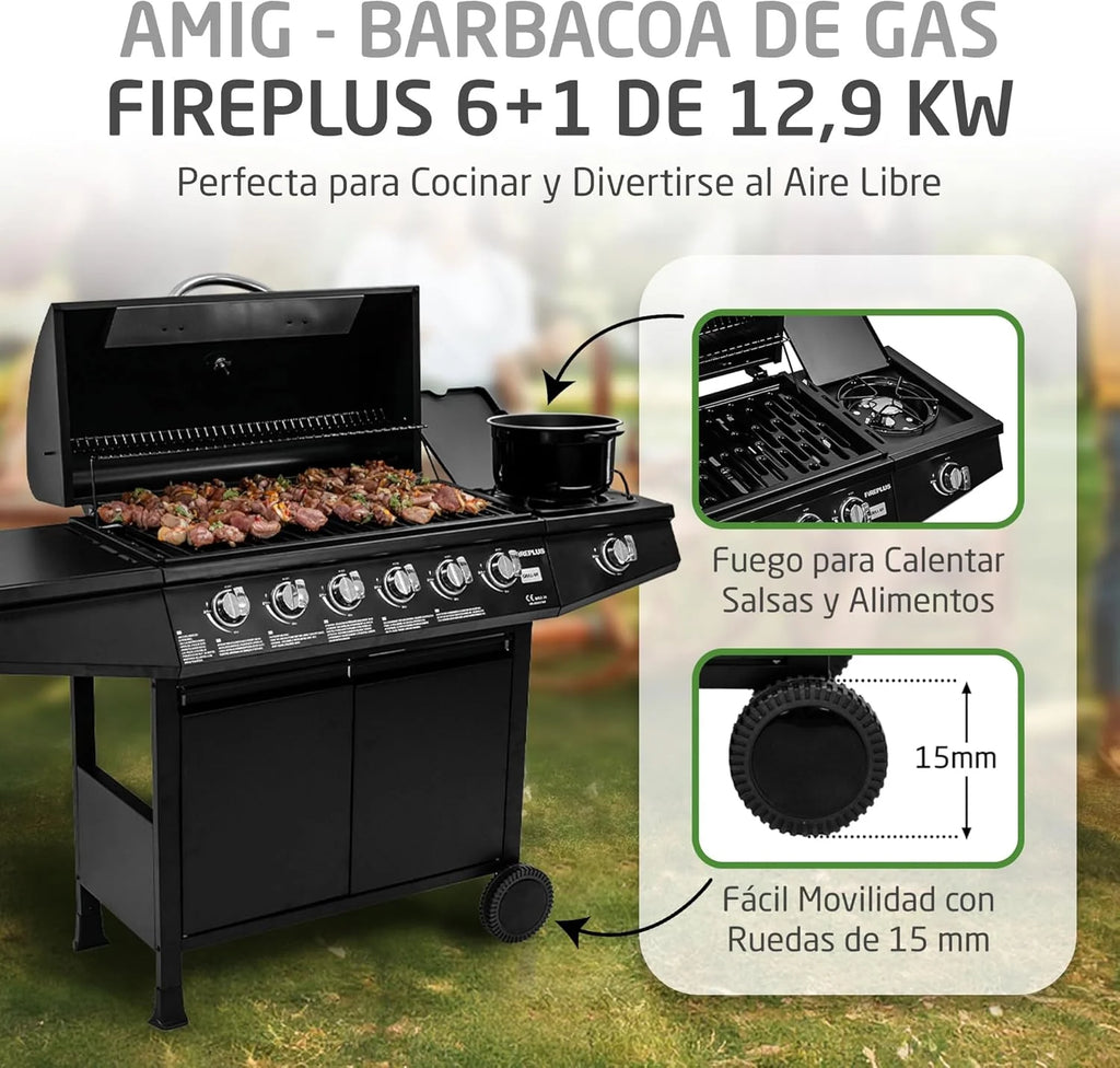 Churrasqueira a Gás Fireplus 6+1 de 12,9 kW - Aço Inoxidável Preto - Grelhador com Rodas Modelo GRILL-6F - Churrasqueira XXL com Carrinho e Termômetro - 138x52x103 cm - 7 Queimadores e Bandeja Lateral