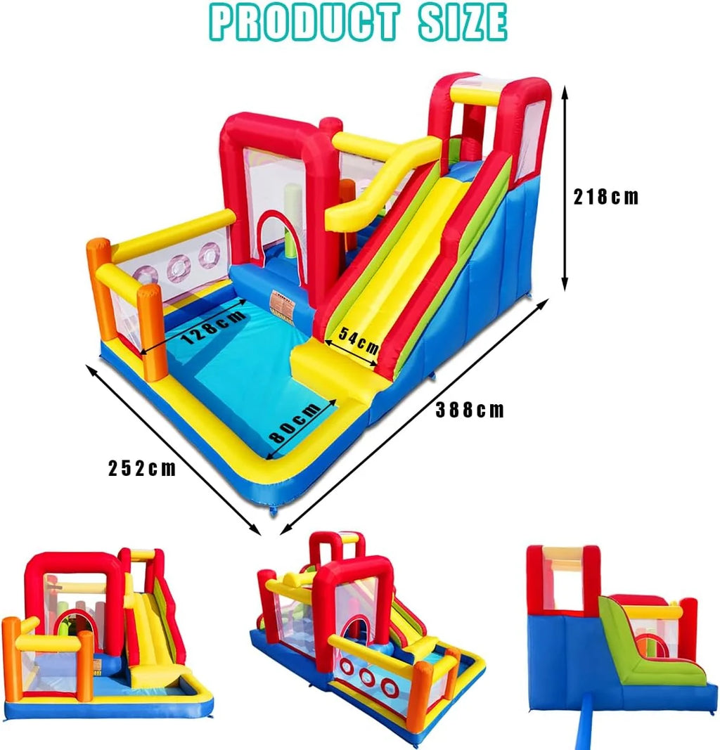 Castelo insuflável infantil com soprador – Multifuncional, rede de segurança, seguro e duradouro, perfeito para qualquer estação, para interior/exterior