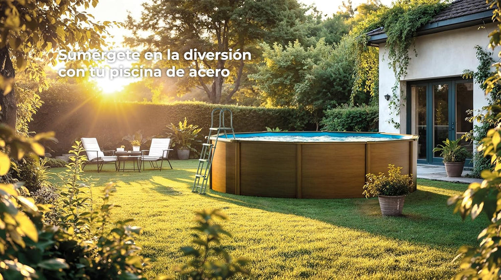 Piscina Elevada Redonda de Aço Gre KITPR353W com Acabamento de Madeira, Piscinas Desmontáveis para Jardim, 350 x 120 cm, Sicília