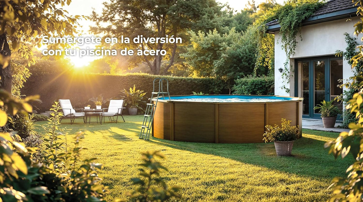 Piscina Elevada Redonda de Aço Gre KITPR353W com Acabamento de Madeira, Piscinas Desmontáveis para Jardim, 350 x 120 cm, Sicília