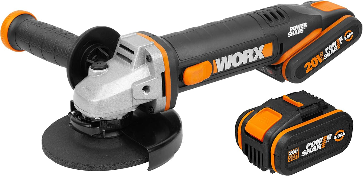 WORX | Esmerilhadeira angular 125mm 20V | PowerShare | WX803 | Inclui 2 baterias de 2Ah e 4Ah | Bloqueio do fuso | Interruptor lateral | Sistema de ajuste rápido sem ferramentas | Punho auxiliar