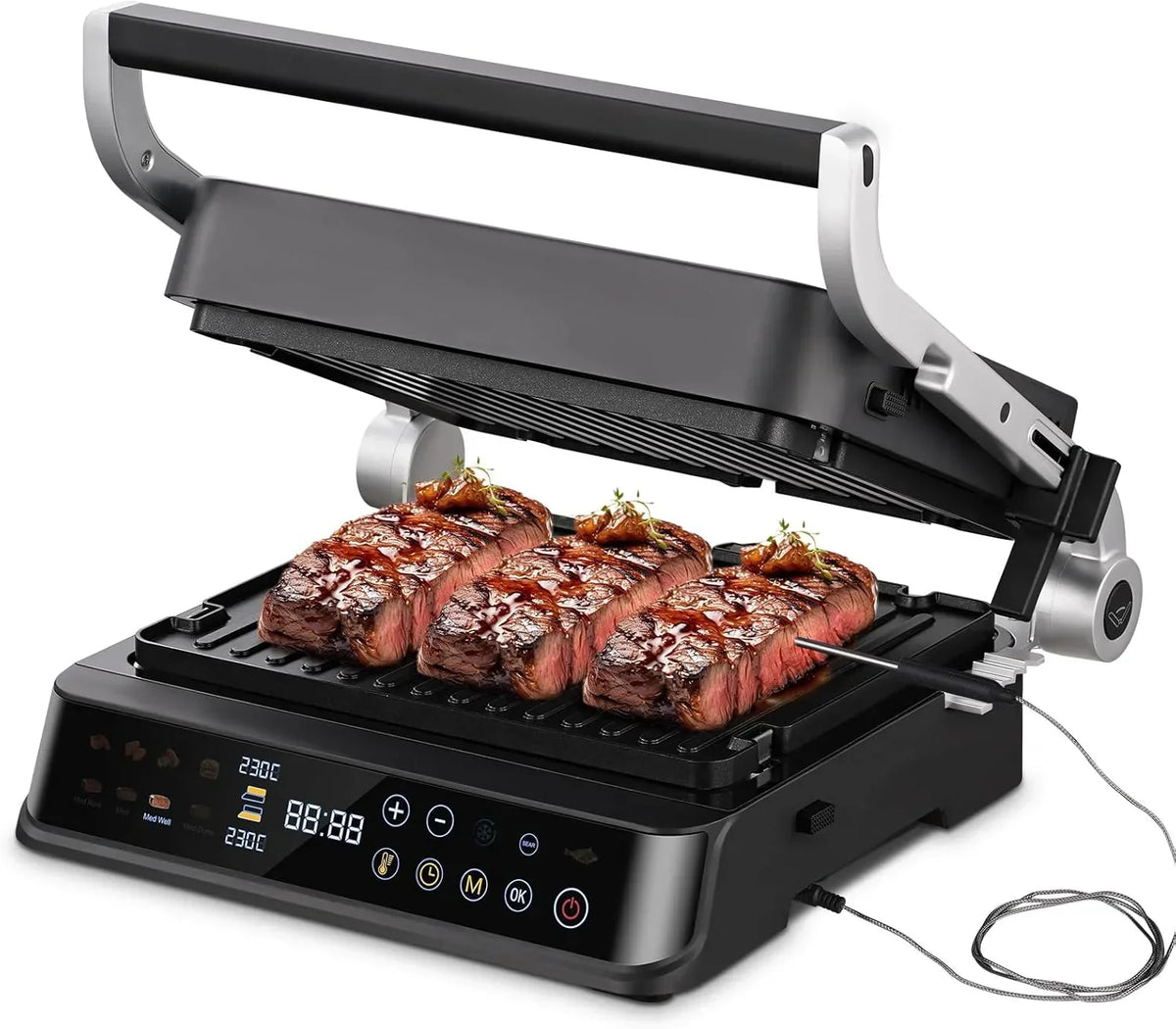 AMZCHEF Grelhador Elétrico com 6 Programas, Função Selar até 280°C, Modo Manual, Sensor de Temperatura, Placas Removíveis e Tabuleiro de Waffles, Ideal para Carne, Peixe, Paninis e Waffles