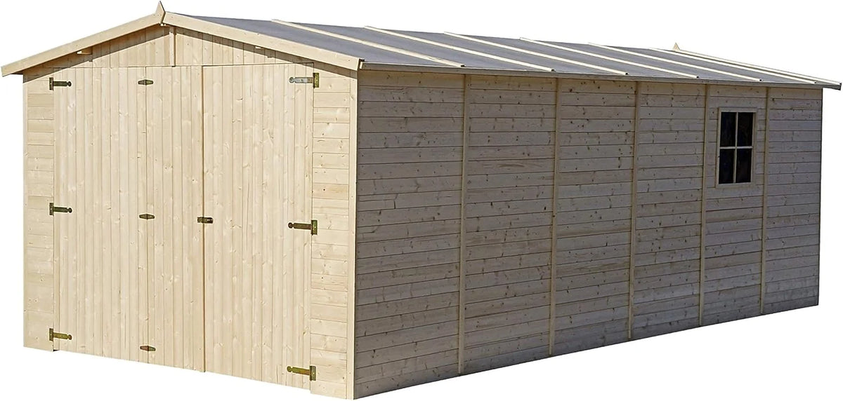 Garagem de Madeira Natural - galpão em Pinheiro/Abeto - A222x616x324 cm / 18 m² - Construção em Painéis - Oficina de jardinagem - Armazenamento de carros, galpão para Ferramentas-TIMBELA M102
