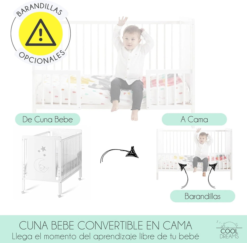 Cuna Co-Leito para Bebê, Kit para Unir a Cama com a Cama dos Pais, Colchão HR Morfeo Certificado Oeko-Tex® e CertiPUR, 4 Rodas, Lençol com Elástico e Lençol de Cima de Algodão Natural. Indi CoolDreams CoolDreams