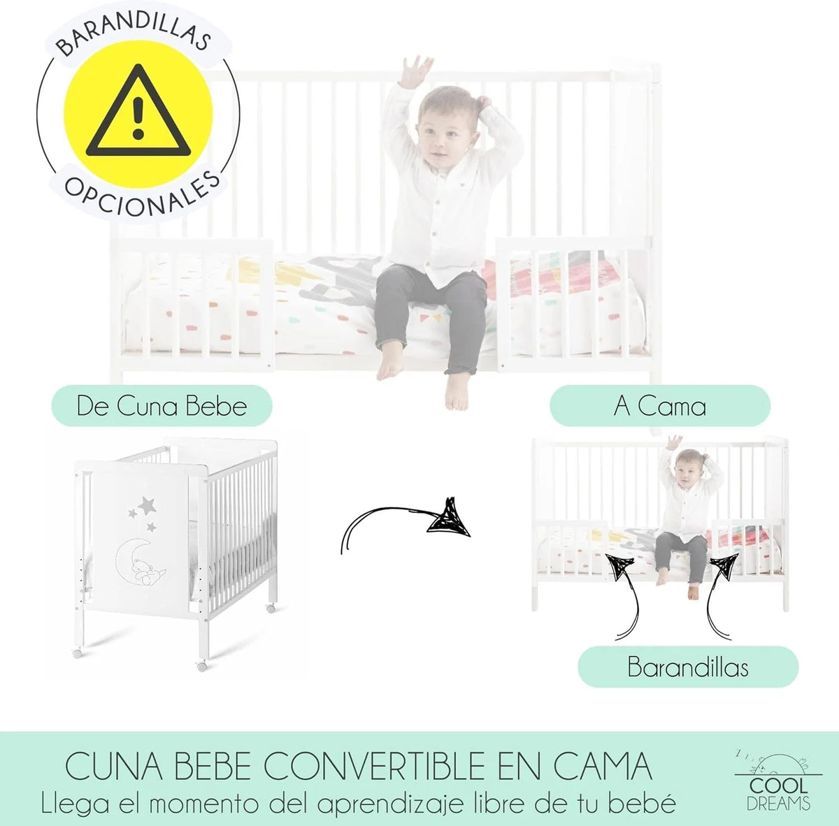 Cuna Co-Leito para Bebê, Kit para Unir a Cama com a Cama dos Pais, Colchão HR Morfeo Certificado Oeko-Tex® e CertiPUR, 4 Rodas, Lençol com Elástico e Lençol de Cima de Algodão Natural. Indi CoolDreams CoolDreams
