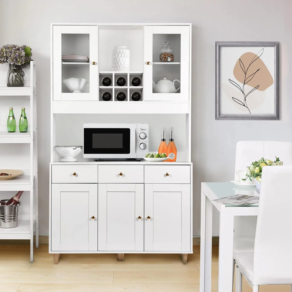 VOWNER Armário Aparador de Cozinha/Buffet, 100L x 38W x 181H cm, Armário Auxiliar de Armazenamento, 5 Portas e 5 Prateleiras Ajustáveis, Branco