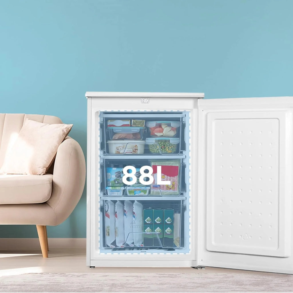 COMFEE' RCU83WH3EU(E) Freezer Vertical de Livre Instalação 88 Litros, 3 Gavetas, Freezer de Grande Capacidade, Termostato Ajustável, Porta Reversível, Branco
