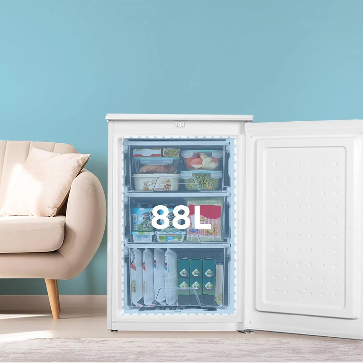 COMFEE' RCU83WH3EU(E) Freezer Vertical de Livre Instalação 88 Litros, 3 Gavetas, Freezer de Grande Capacidade, Termostato Ajustável, Porta Reversível, Branco