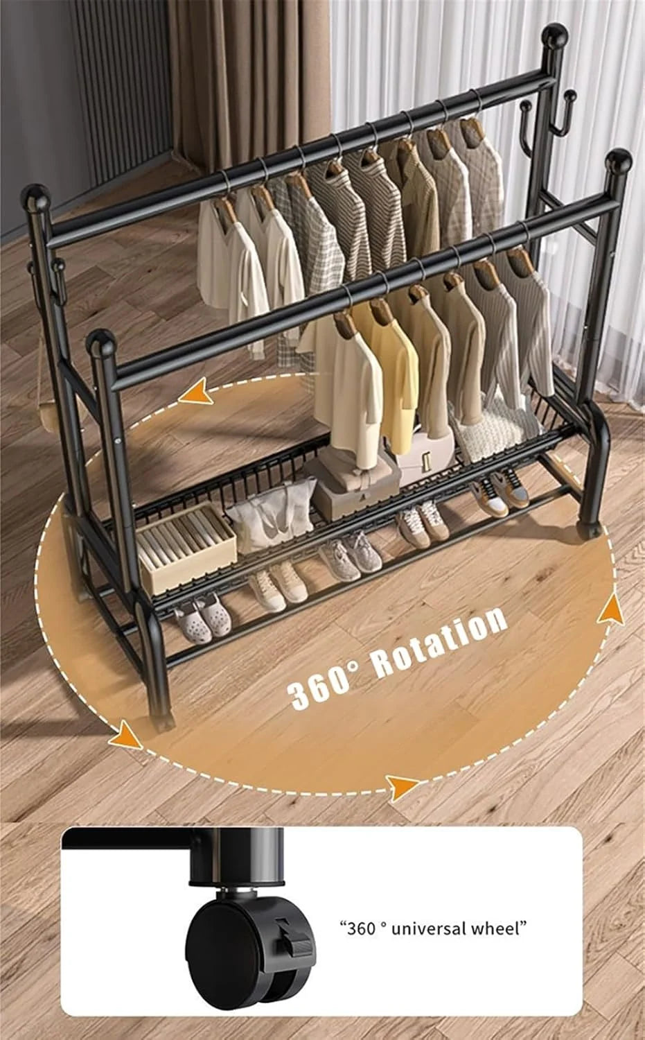 Cabideiro de Metal com Rodas, Cabideiro de Aço Carbono com 2 Prateleiras e 2 Barras de Roupas, Removível