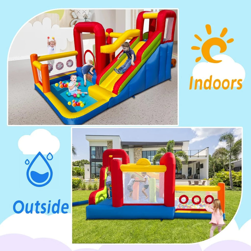 Castelo insuflável infantil com soprador – Multifuncional, rede de segurança, seguro e duradouro, perfeito para qualquer estação, para interior/exterior