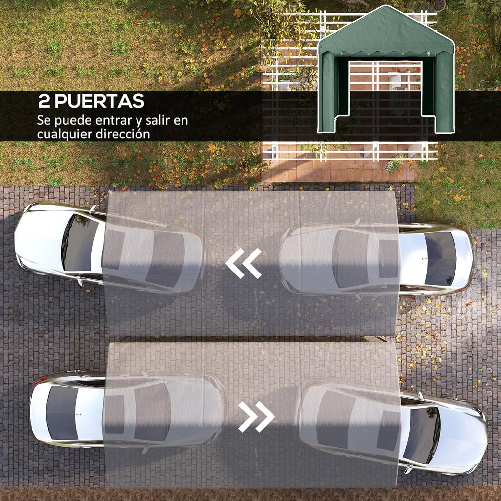 Outsunny Garagem Barraca 6x3m Garagem Externa para Carro Impermeável Garagem Portátil Anti-UV com Paredes Laterais Removíveis e 2 Portas com Zíper Verde