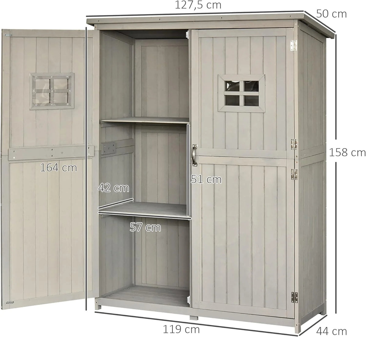 Outsunny Abrigo de Madeira Casinha de Jardim Armário Ferramentas de Jardinagem Portas Duplas Telhado Impermeável Compartimentos de Diferentes Tamanhos 127.5x50x164cm Madeira Maciça