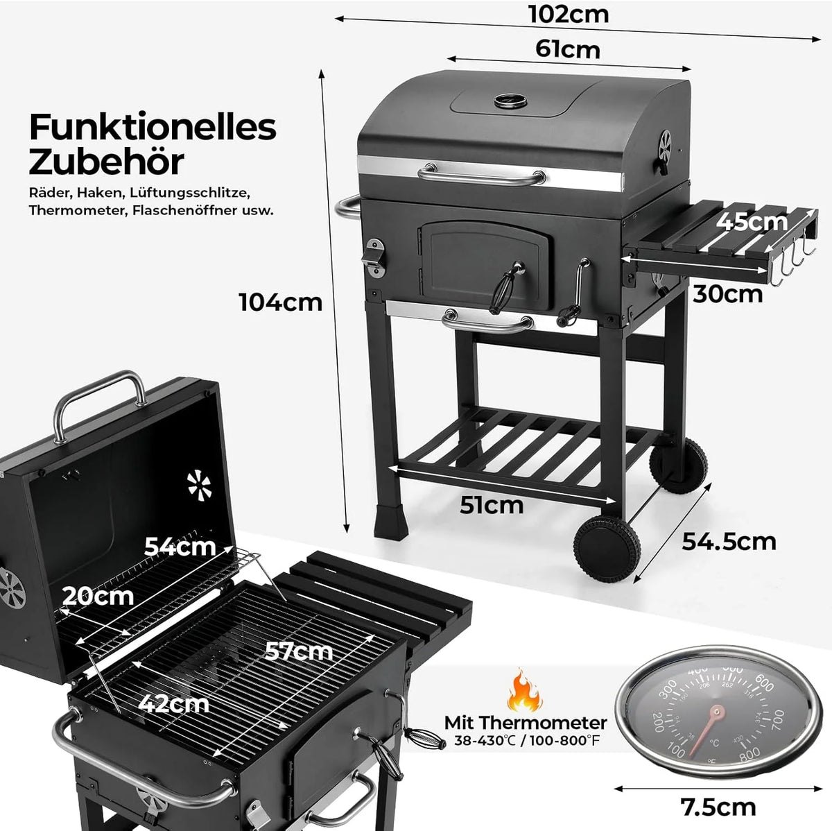Churrasqueira a Carvão XXL, Churrasqueira a Carvão com Chaminé e Tampa, Churrasqueira com Carrinho, Defumador de Churrasco com Rodas e Termômetro, Churrasqueira Grande a Carvão para Acampamento e Jardim