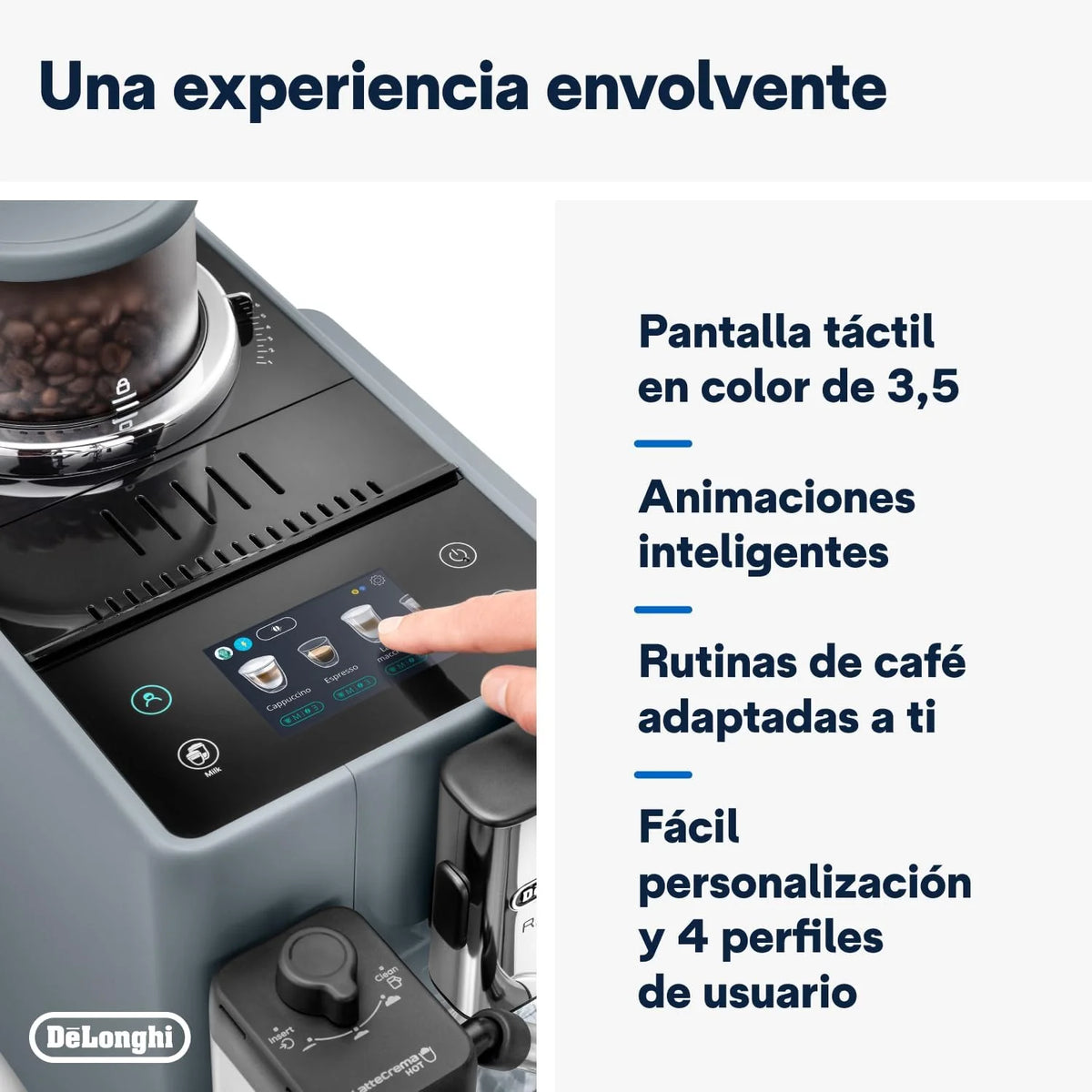 De'Longhi Rivelia EXAM440.55.G, Cafeteira Superautomática com LatteCrema Hot, Espumador de Leite Automático, Tamanho Compacto, 16 Receitas, Ecrã Tátil a Cores, Cinzento