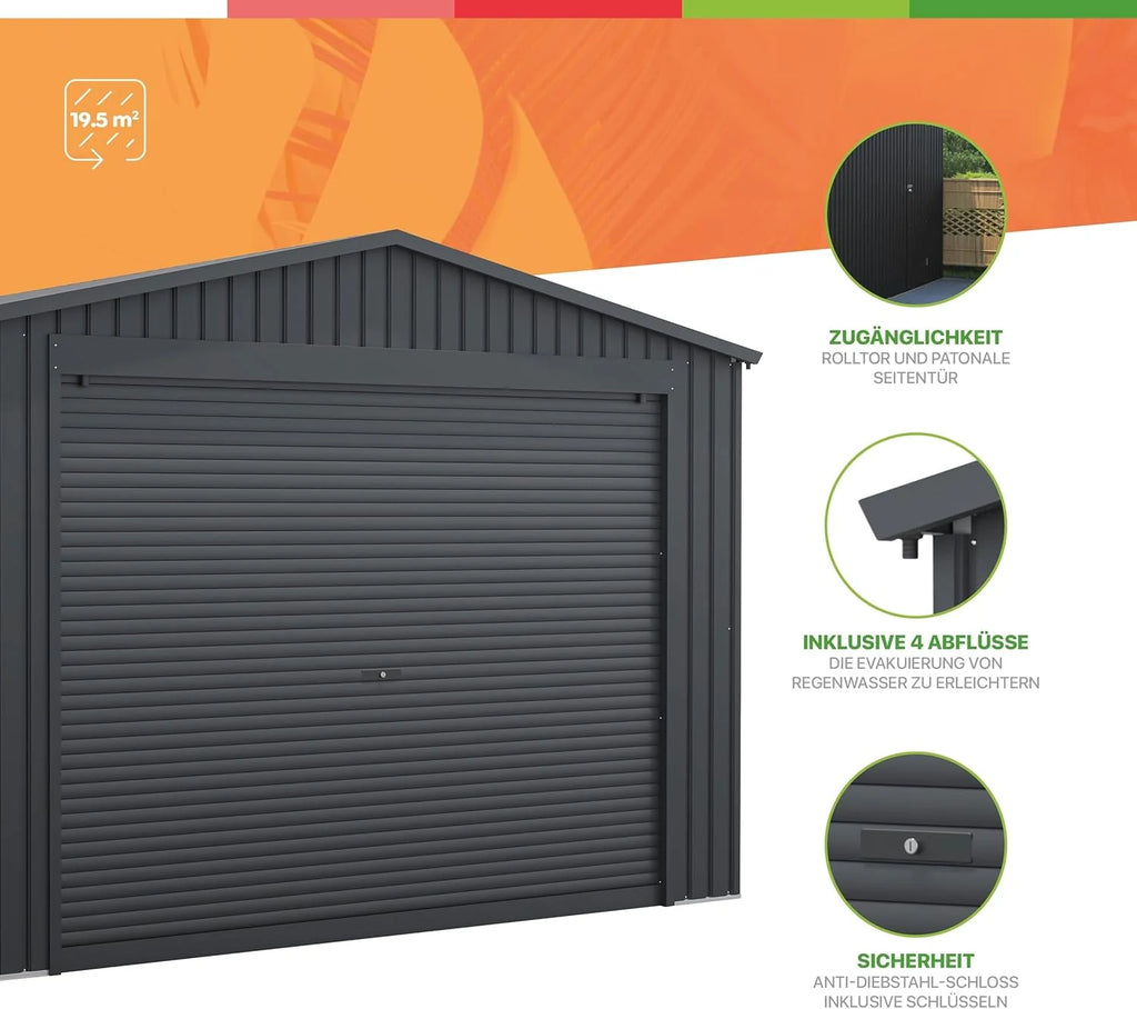 Wasabi - Garagem Metálica 19,52m2 Jarama – Portão Amplo Enrolável - Abrigo Exterior para Carros - Fecho de Segurança com Chave - Porta Lateral Pedonal - Garagem de Armazenamento para Jardim – 576x338x243cm