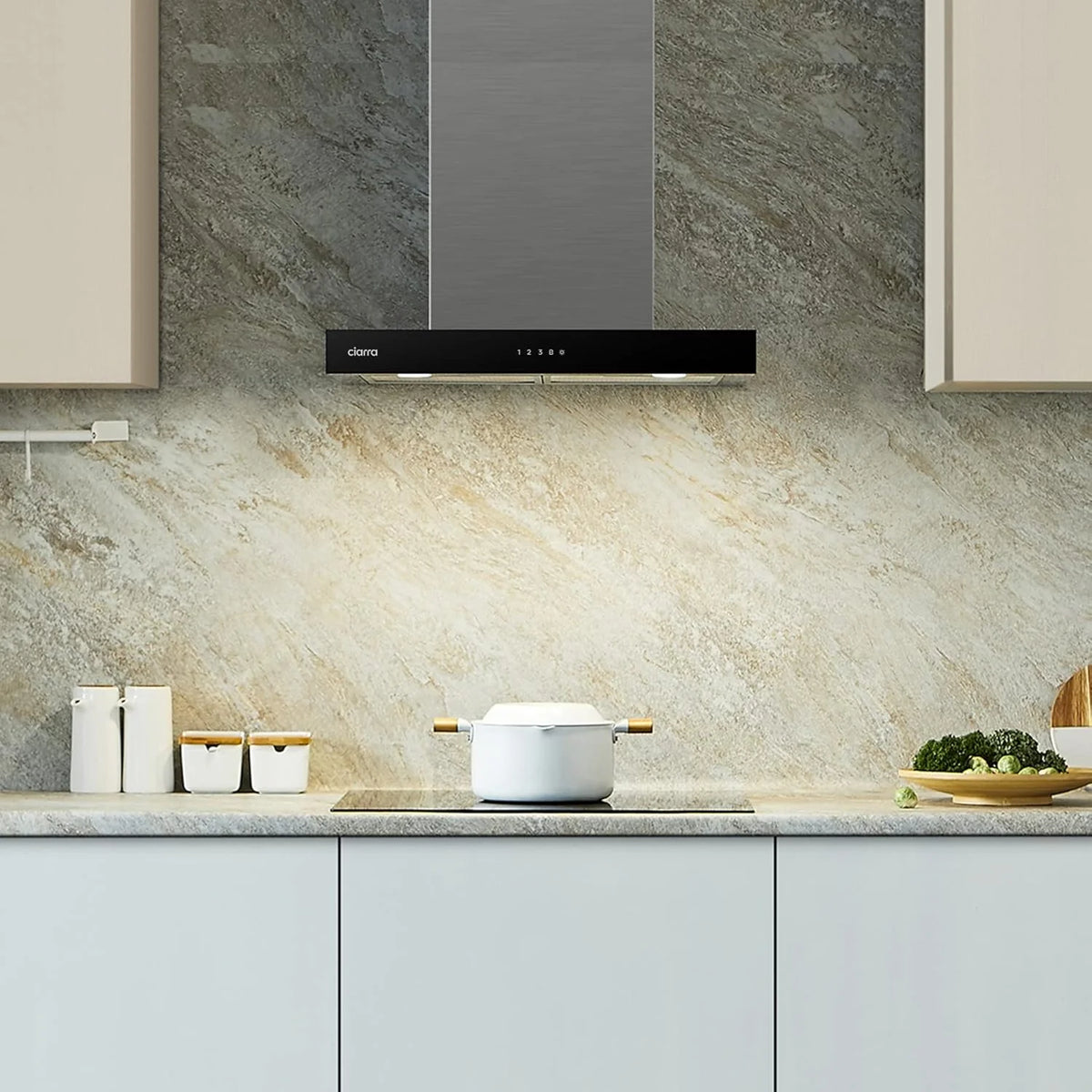 Ciarra CBCS6102 Coifa de Parede 60cm 650 m³/h - Controlo Tátil e Wifi - 4 Velocidades - Exaustão Externa e Recirculação Interna por Filtro de Carvão CBCF003 - Aço Inoxidável