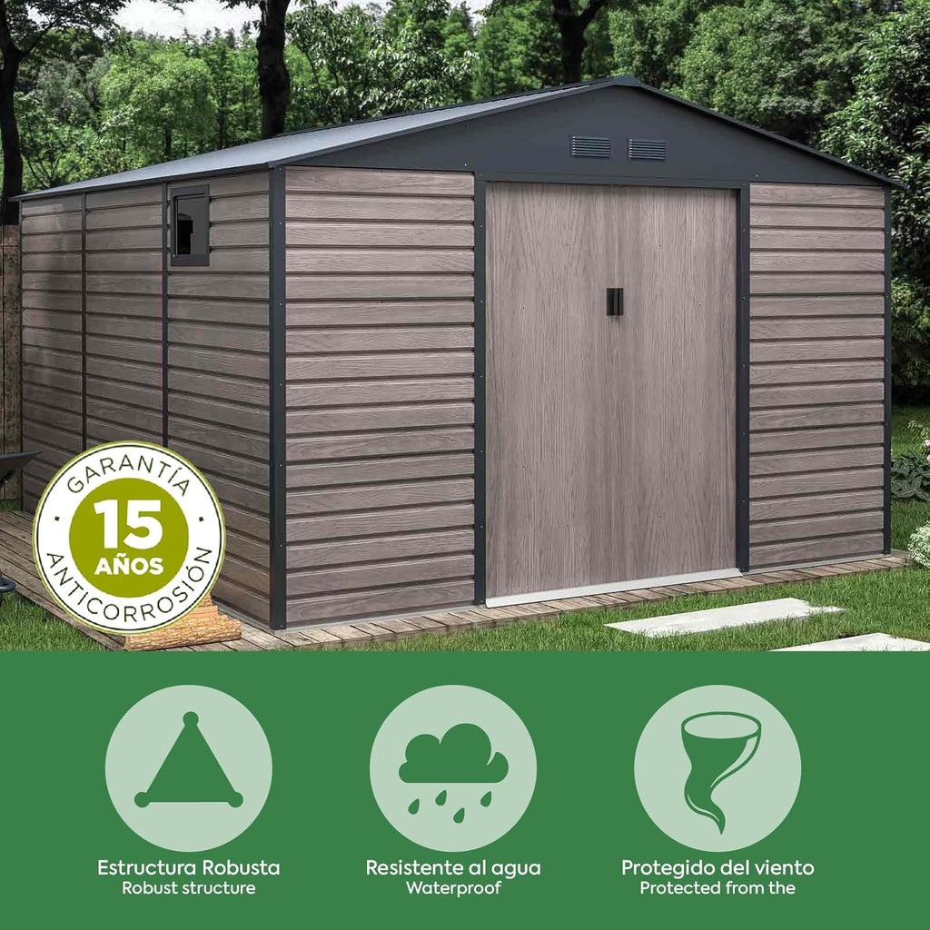 Gardiun Galpão de Metal Surrey 13 m2 Externo 340x382x226 cm de Aço com Janela Lateral e Efeito de Grãos de Madeira
