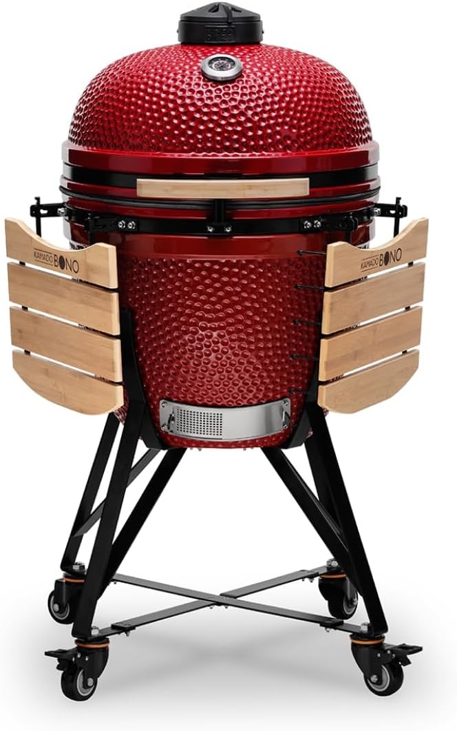 Kamado BONO BBQ - Churrasqueira Grande XXL com 10 acessórios - Ø 59 cm Churrasqueira Kamado com Acessórios - Grelhador defumador vermelho para terraço, varanda ou jardim