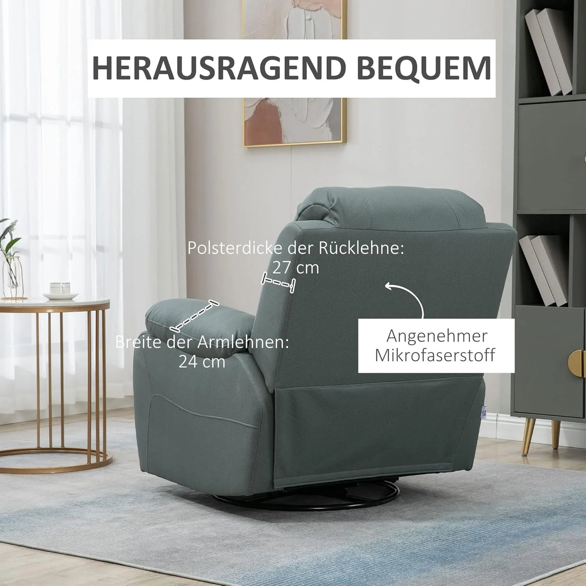 Poltrona Reclinável HOMCOM 135°, Poltrona Giratória para TV com Apoio para Pés para Quarto Sala de Estar, Capacidade de Carga de até 150 kg, Poliéster Verde