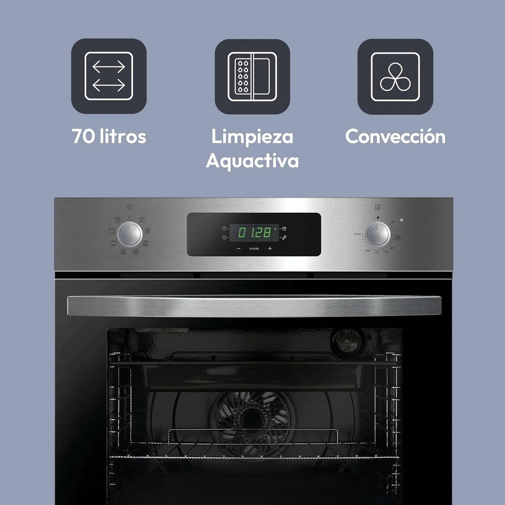 Candy FIDCP X625 L, Forno Multifunções, 70L, Tabuleiro e Grelha, Limpeza Aquactiva, Convecção + Ventilador radial, 8 Funções, Display Timer Touch, Puxadores Push&Pull, Porta 2 Vidros, Inox e Preto