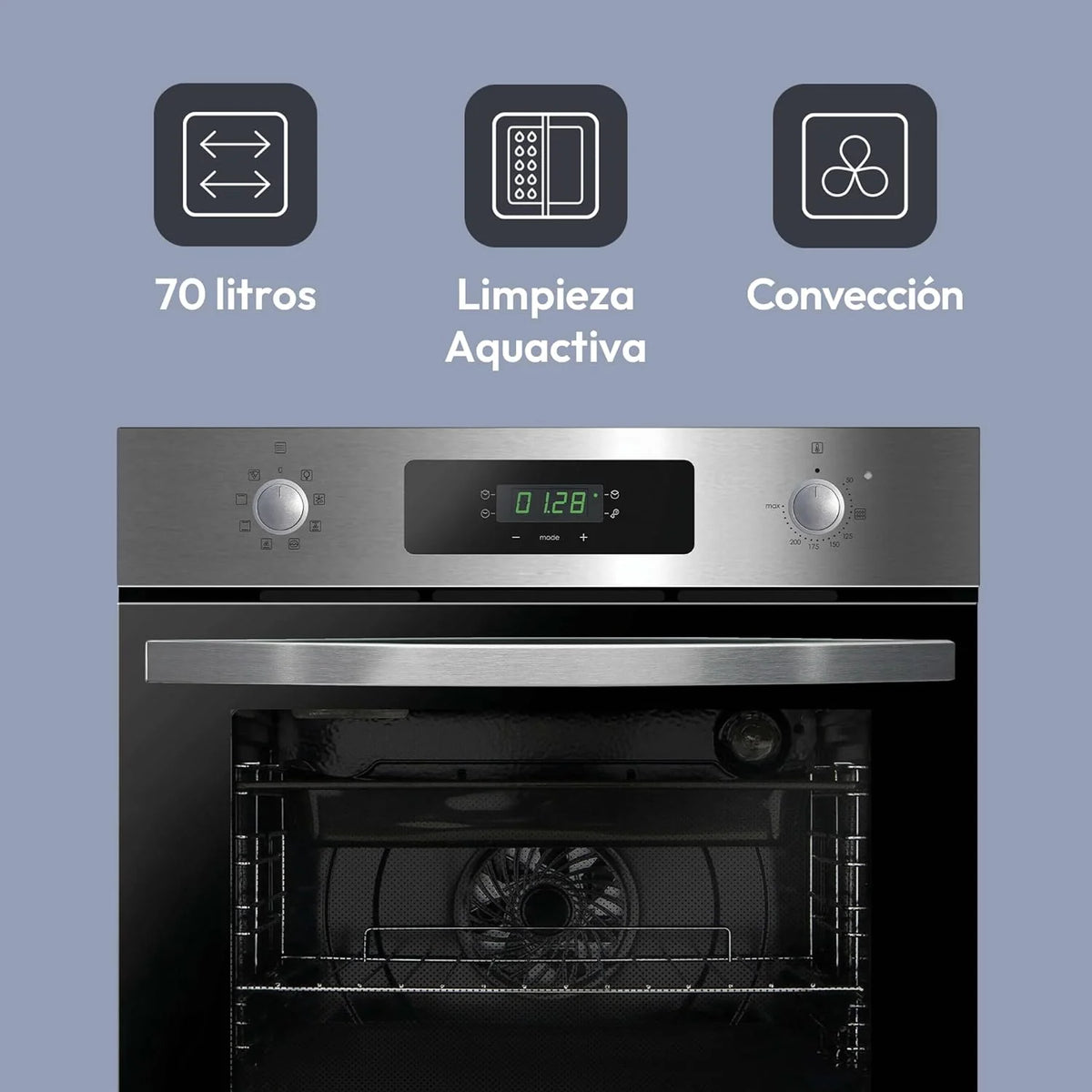 Candy FIDCP X625 L, Forno Multifunções, 70L, Tabuleiro e Grelha, Limpeza Aquactiva, Convecção + Ventilador radial, 8 Funções, Display Timer Touch, Puxadores Push&Pull, Porta 2 Vidros, Inox e Preto