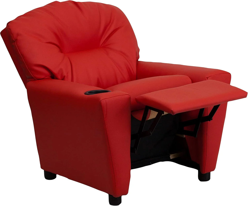 Poltrona Reclinável Infantil Contemporânea Flash Furniture com Porta-Copos, Madeira, Vinil Bege, 66,04 x 53,34 x 53,34 cm