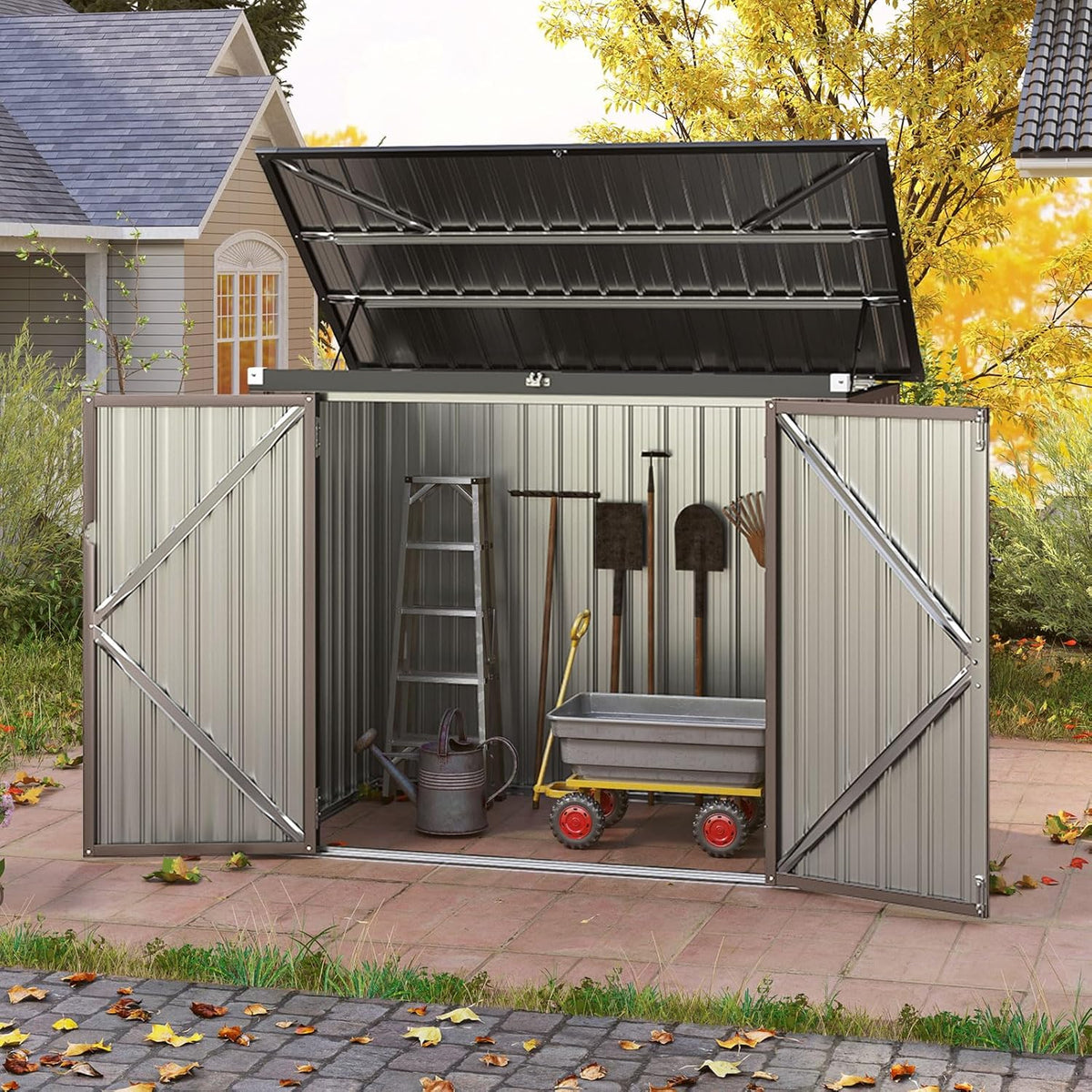 HOMASIS Galpão de Jardim, Armário Metálico com Teto Articulado para Exterior, Abrigo de Ferramentas com Porta Dupla, Alta Resistência para Fazenda, Terraço, 172x101x130cm, Cinza (Cinza Quente)