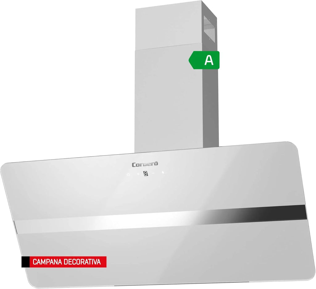 Corberó - Coifa de Parede 90 cm | VICTORIA960W | 594,2 m3/h | 67db | 165W | 3 Velocidades | Controle Touch | Vidro Temperado | Filtro de Alumínio + Filtro de Carvão | Vidro Branco