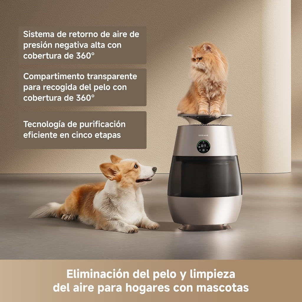 DREAME AP10 Purificador de Ar para Casas com Animais de Estimação, Sistema 360° de Alta Pressão Negativa, Purificação em 5 Etapas que Captura Pelos e Odores, Transparente, Tampa Curva, Luz Ecológica, Controle por Aplicativo