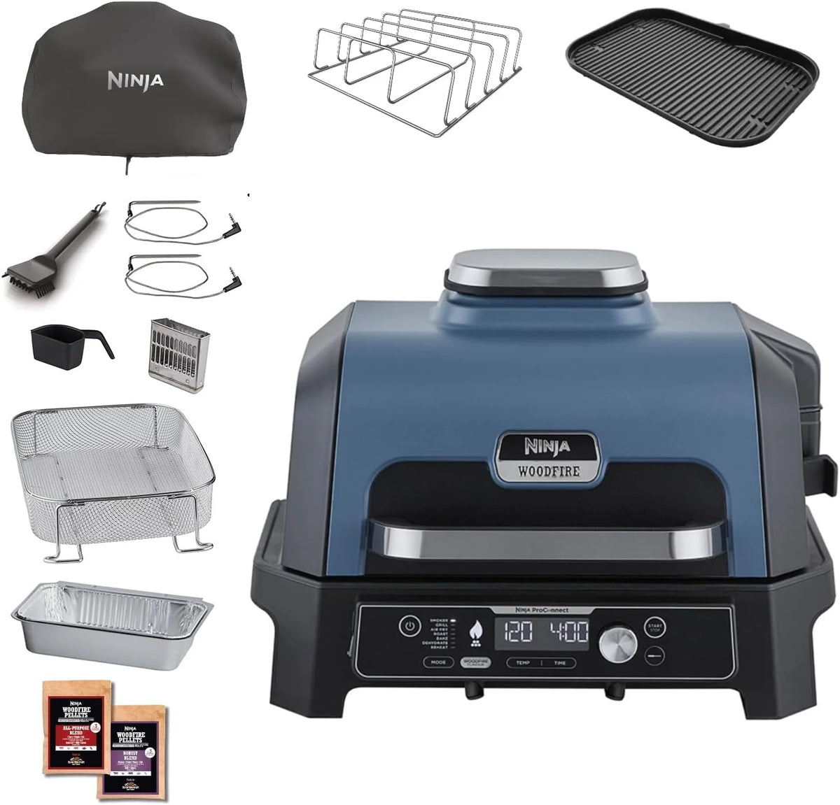 Ninja Woodfire Pro Connect XL Churrasqueira Elétrica e Defumador com Controle via Aplicativo, 2 Sondas Digitais, Grande Grelhador Exterior e Fritadeira de Ar 7 em 1, OG901EUAMZ
