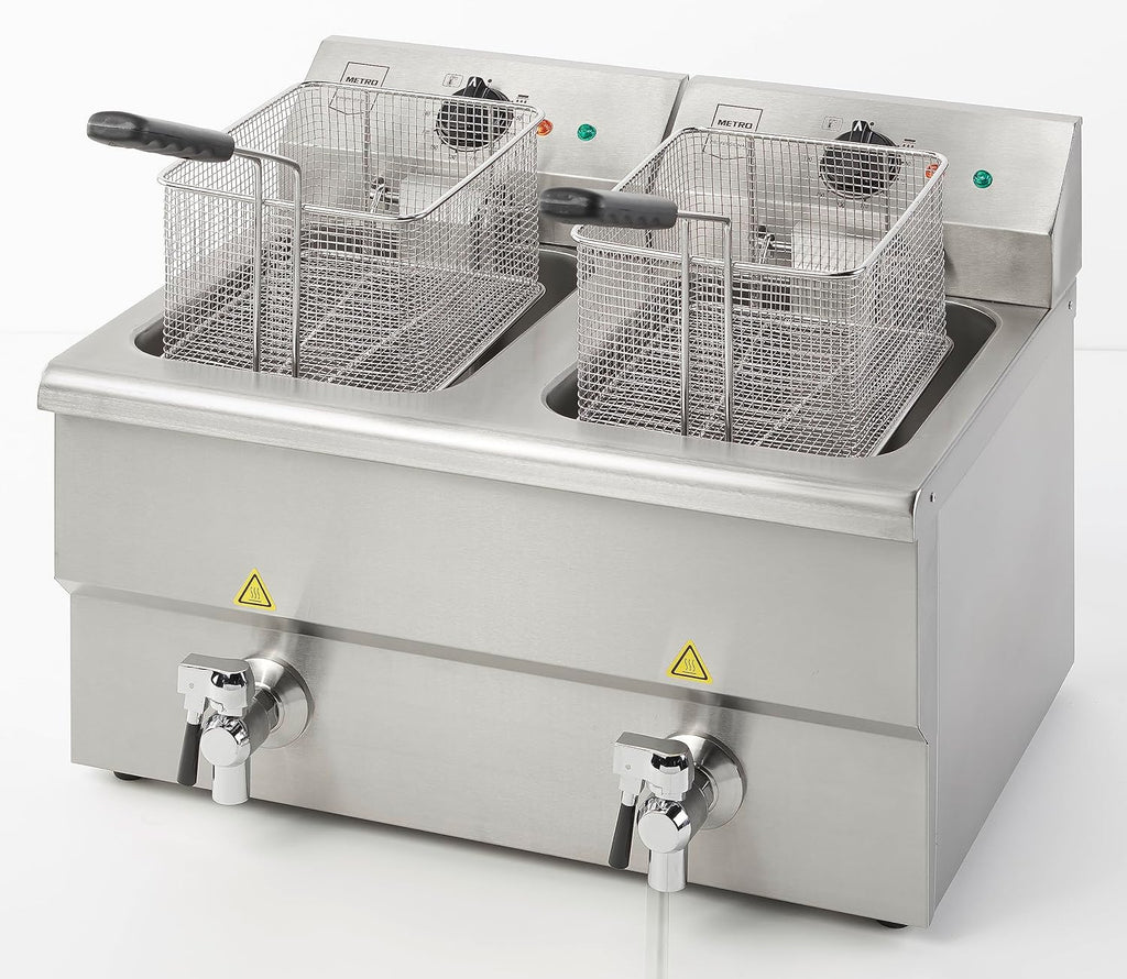 METRO Professional Fritadeira Dupla GDF5028, Aço Inox SS304, 2x 8 L, com Torneira, Regulador de Temperatura, Zona Fria, Prateado