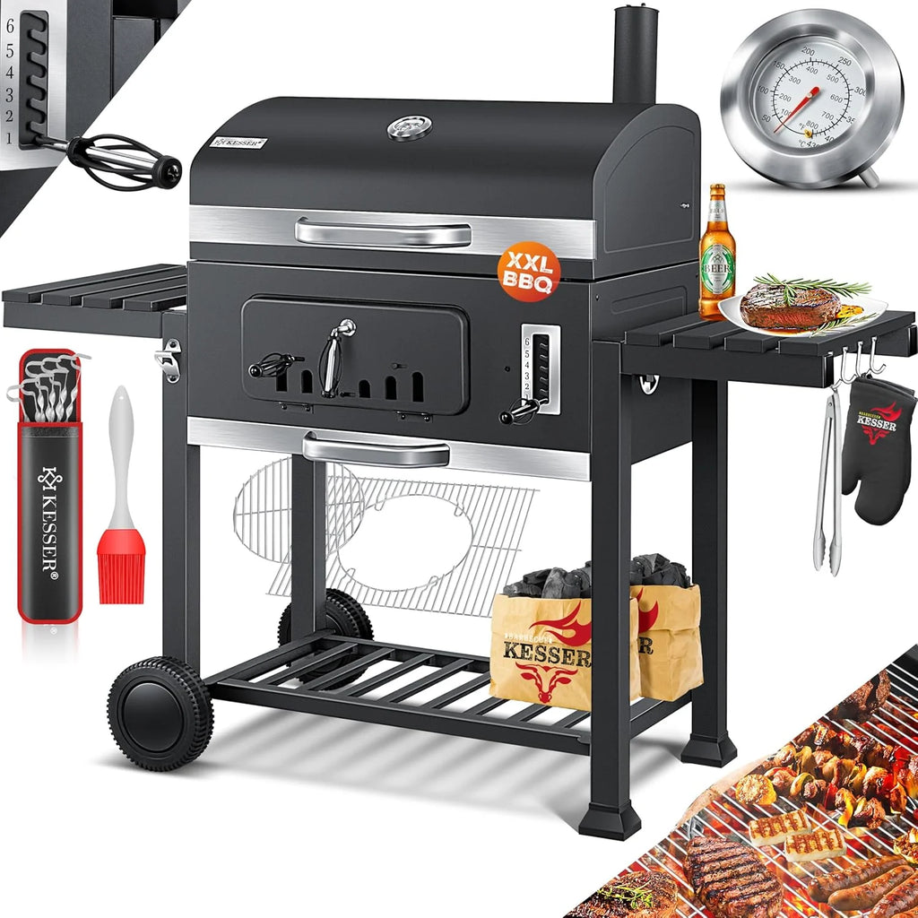 KESSER® Churrasqueira a Carvão com Carrinho Grelhador com Tampa, Rodas, Puxador em Aço Inoxidável | Grelhador e Termómetro a Carvão Grande BBQ Assador Acampamento, Terraço, Jardim XXL Cinza
