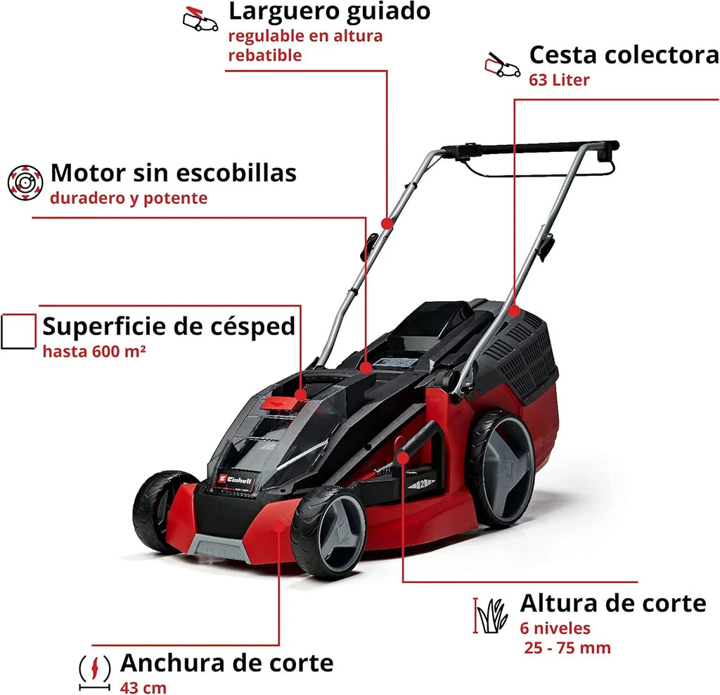 Cortador de grama a bateria Einhell GE-CM 43 Li M Kit Power X-Change (36V, 43 cm de largura de corte, até 600 m², sem escovas, função mulching, saco coletor de 63L, com 2 baterias de 4,0 Ah e 2 carregadores)