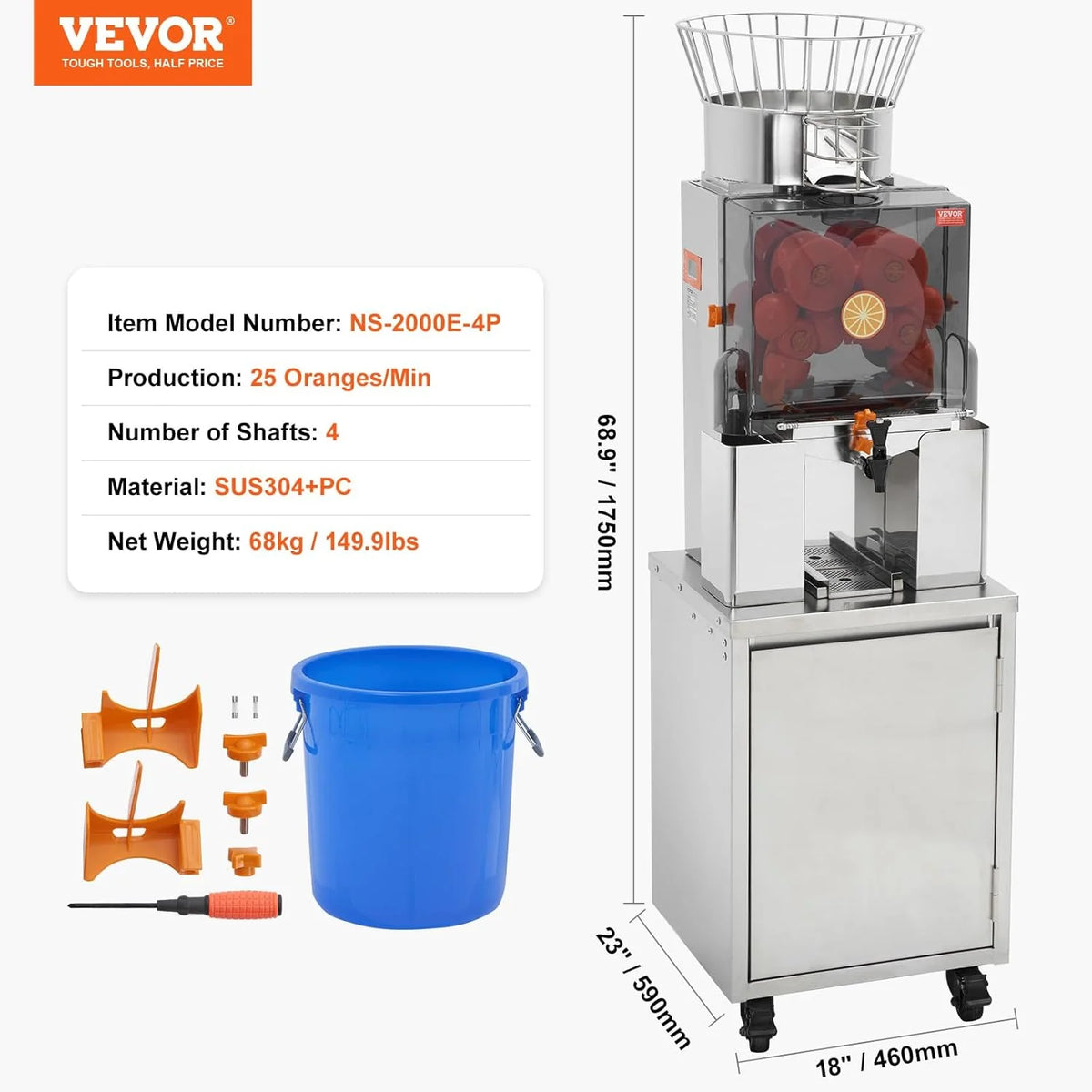 VEVOR Espremedor de Cítricos Elétrico 120 W Extrator de Suco de Laranja Comercial Automático com Filtro Removível, Balde Coletor de Polpa e Torneira para Restaurantes, Cafeterias, Frutarias