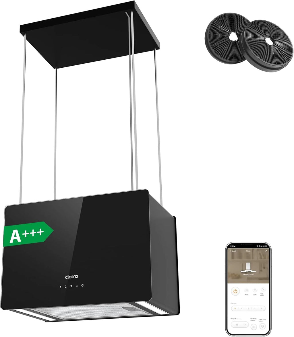 CIARRA CBCB4850 Coifa de Ilha sem Duto Classe A+++ 48cm 700m³/h WiFi e Controle de Toque Filtro de Carvão Incluído 4 Velocidades 2 Luzes LED Preto