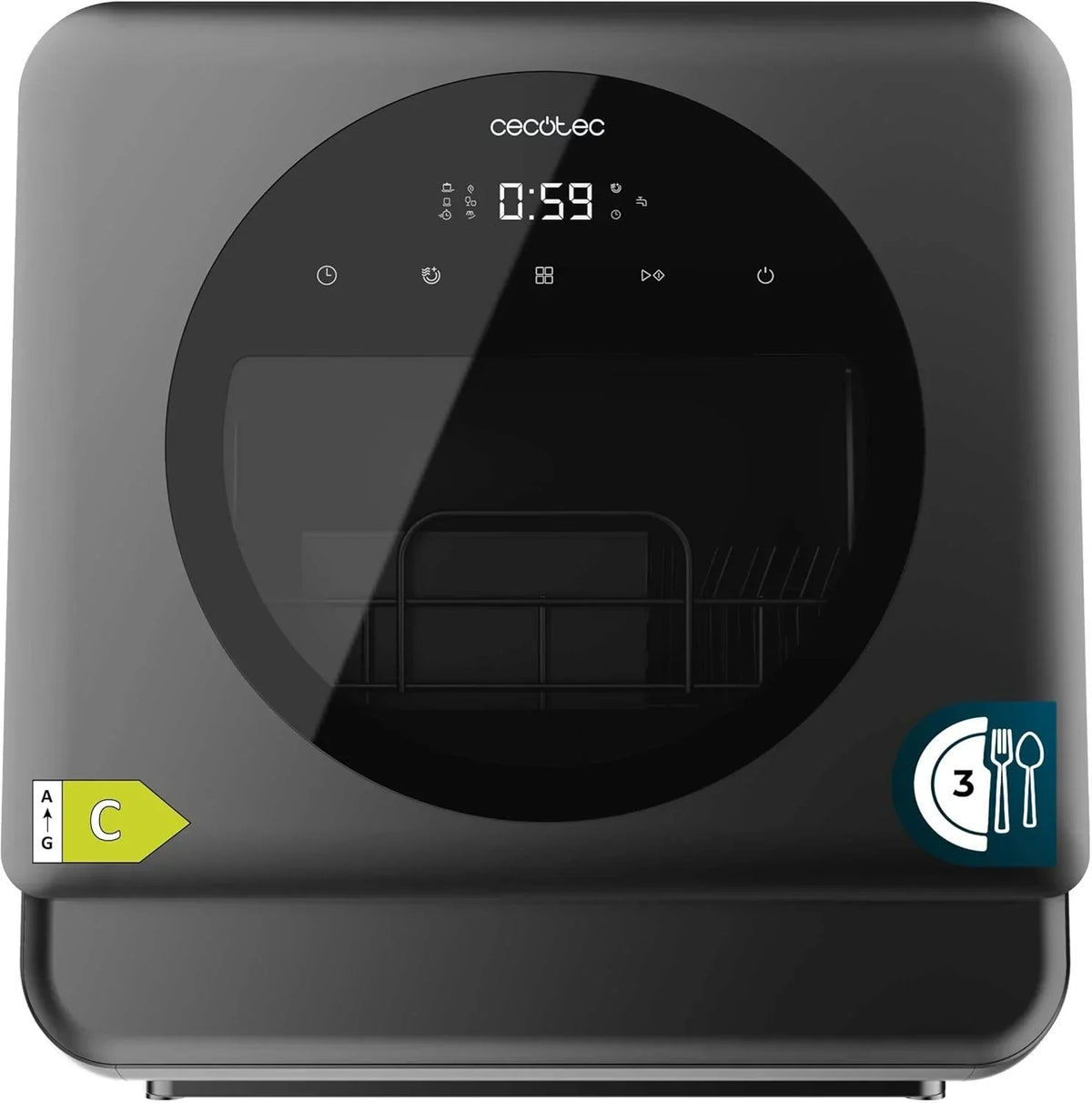 Lava-louças Compacta Cecotec Bolero Aguazero 1150 Dark, 3 Talheres, Baixo Consumo, 6 Programas, Painel de Controlo Tátil, Funções como Armazenamento Longo e Início Programado, Inox Escuro