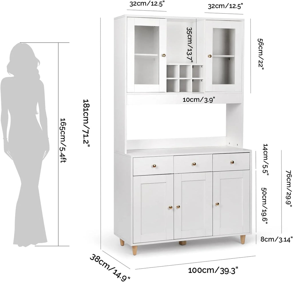 VOWNER Armário Aparador de Cozinha/Buffet, 100L x 38W x 181H cm, Armário Auxiliar de Armazenamento, 5 Portas e 5 Prateleiras Ajustáveis, Branco