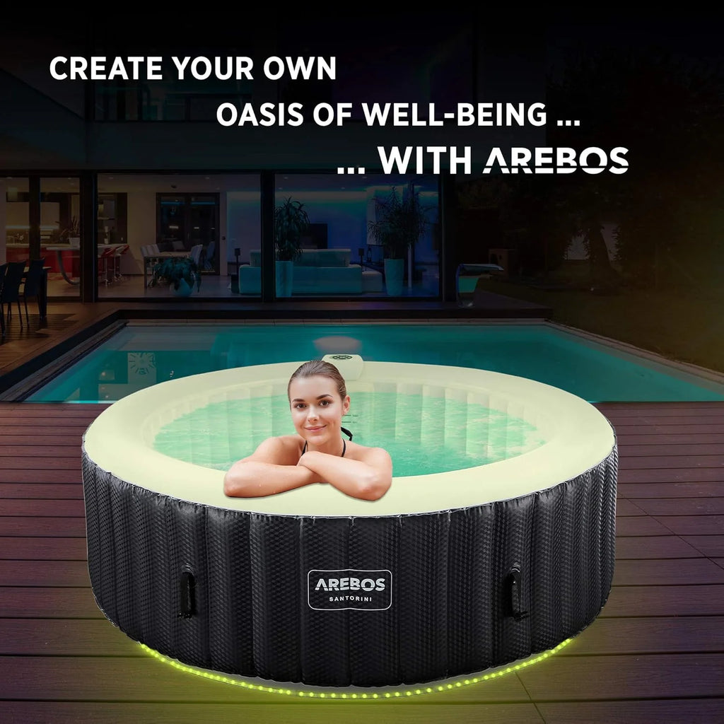 Arebos SPA Inflável | Inflável Automático | para Uso Interno e Externo | ⌀ 208 cm | 6 Pessoas | Faixa de LED | 130 Jatos de Massagem | 1000 L | Inclui Cobertura | SPA e Massagem de Bolhas