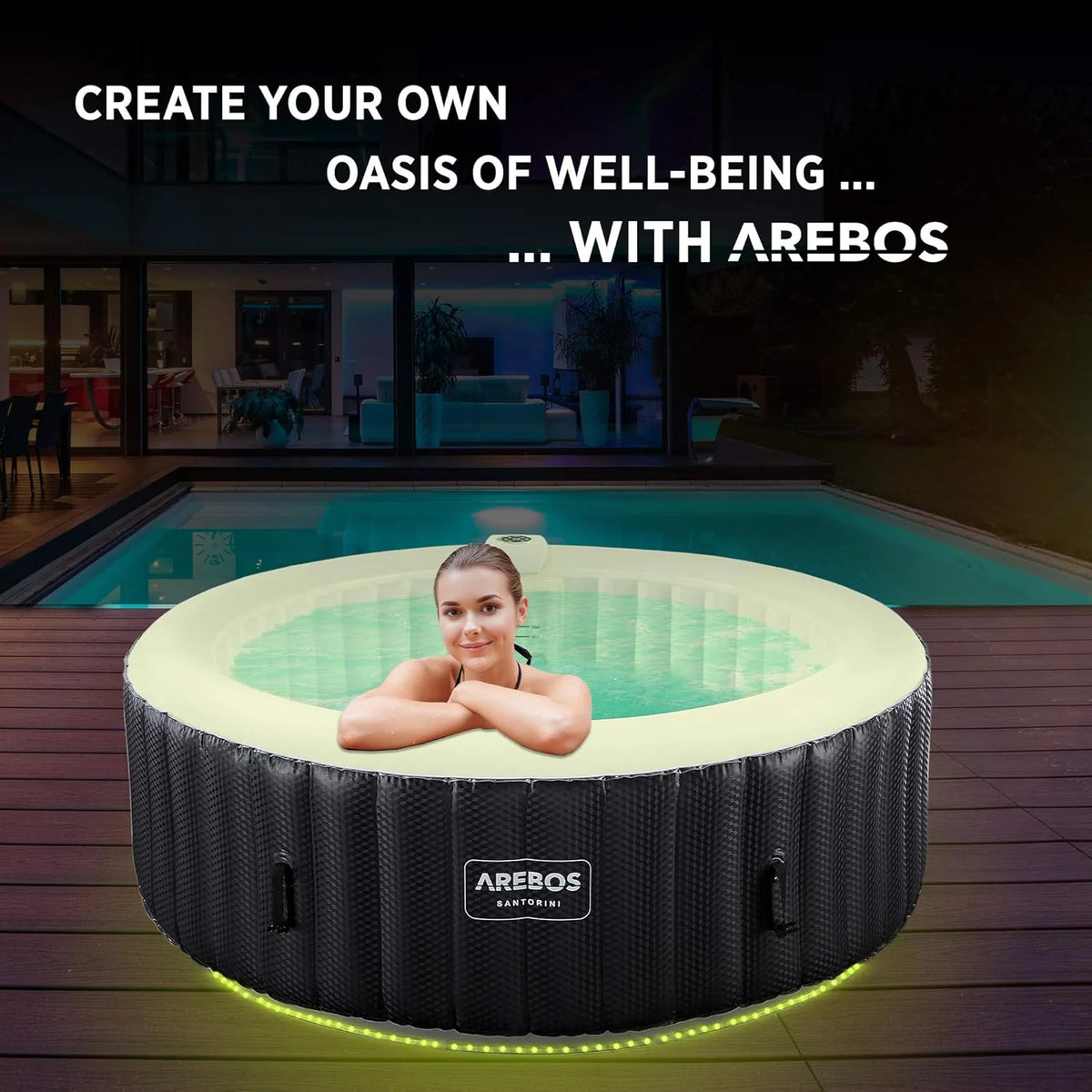 Arebos SPA Inflável | Inflável Automático | para Uso Interno e Externo | ⌀ 208 cm | 6 Pessoas | Faixa de LED | 130 Jatos de Massagem | 1000 L | Inclui Cobertura | SPA e Massagem de Bolhas