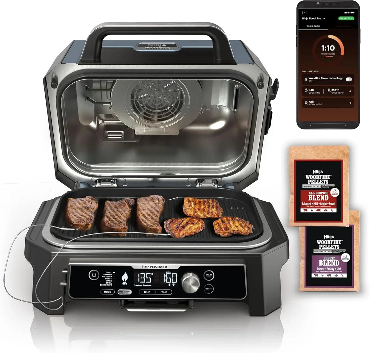 2026 Grelhador e defumador externo Ninja Woodfire Pro XL, termômetro, grelhador principal 4 em 1, churrasqueira defumadora, fritadeira de ar externa, forno, portátil, grelhador elétrico, cinza escuro, modelo OG850
