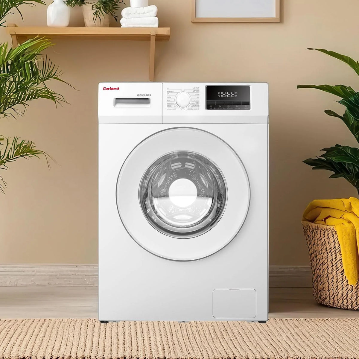 Corberó - Máquina de Lavar Roupa de Carregamento Frontal Premium 8kg | CLT8BL1424 | 1400 Rpm | Motor Inverter, 16 Programas, Início Diferido 3-24 Horas, Lavagem Rápida de 15-30 Min., Porta XXL | Branco
