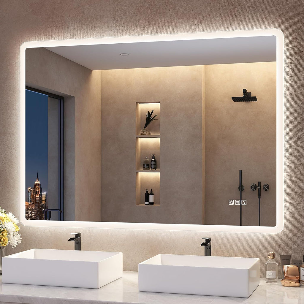 Espelho de Banheiro S'bagno com Luz 100x70cm, Espelho de Banheiro LED Bluetooth, Antiembaçante, 3 Cores, Regulável, Memória, Vidro Temperado HD, Resistente à Água IP44, Vertical/Horizontal