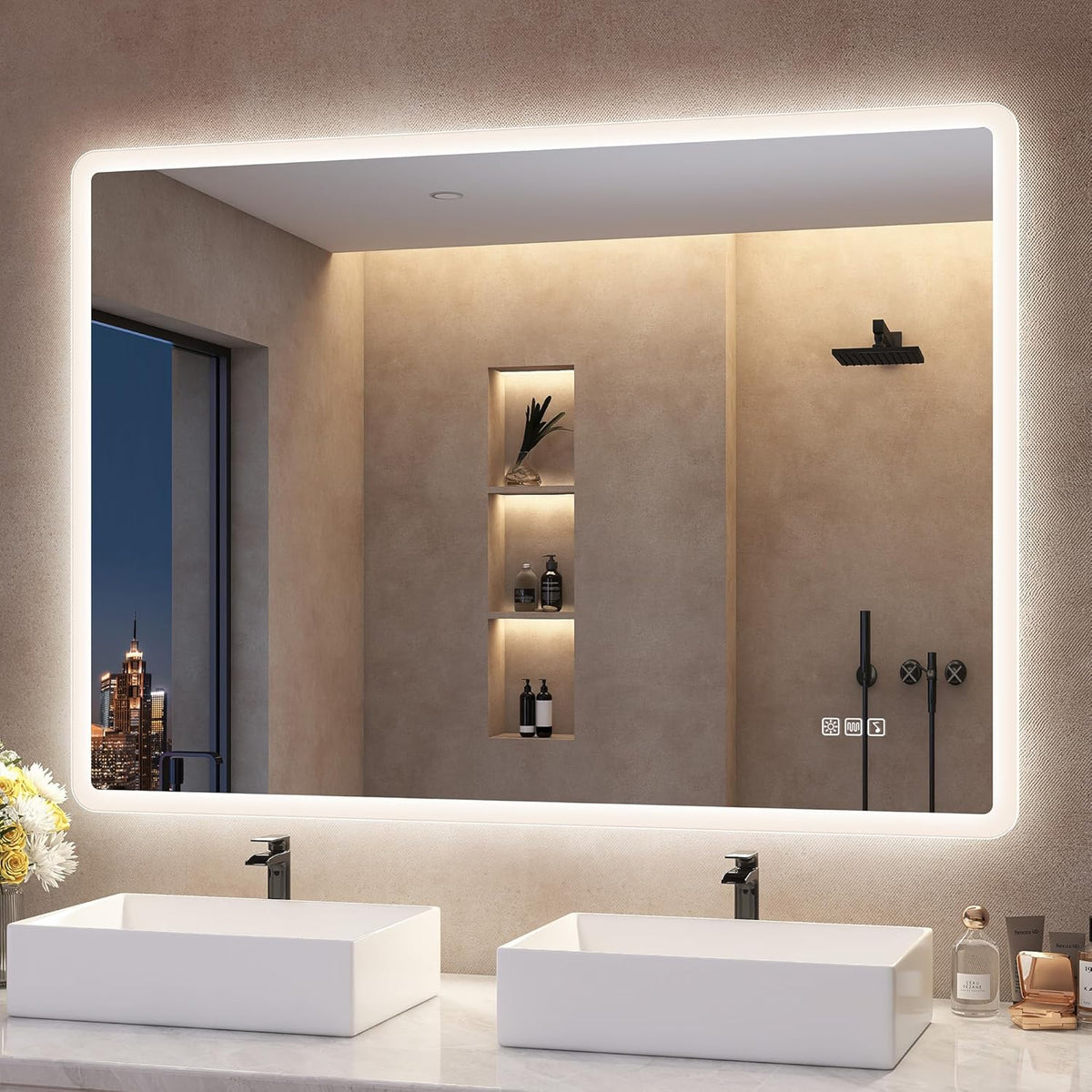 Espelho de Banheiro S'bagno com Luz 100x70cm, Espelho de Banheiro LED Bluetooth, Antiembaçante, 3 Cores, Regulável, Memória, Vidro Temperado HD, Resistente à Água IP44, Vertical/Horizontal