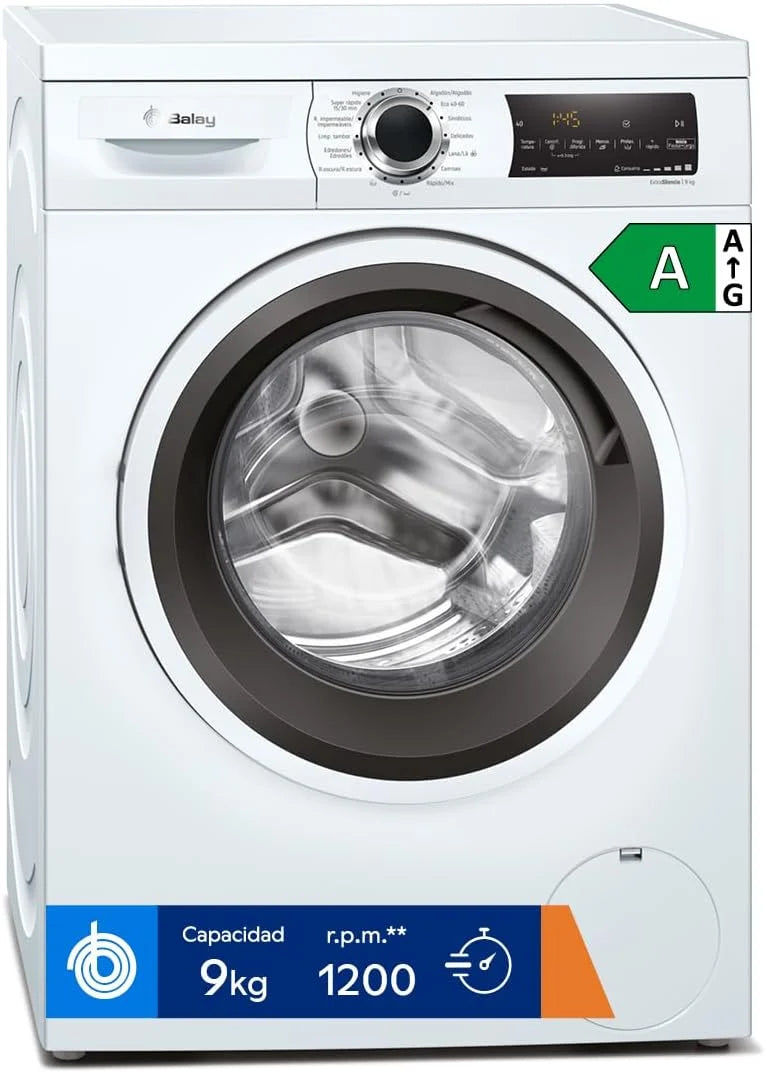 Balay - Máquina de Lavar Roupa, Instalação Livre, 9 kg, Programa Super rápido e Rápido/mix, Branco, 3TS993BP, entrada padrão