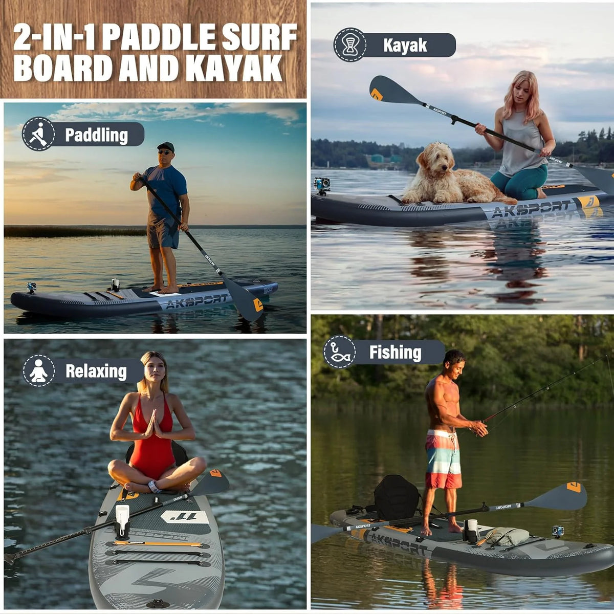 AKSPORT Prancha de paddleboard inflável, prancha de surfe inflável com todos os acessórios, design largo e estável, prancha antiderrapante, prancha de remo para jovens e adultos