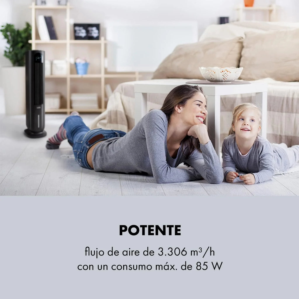 KLARSTEIN Polar Tower Smart Climatizador Evaporativo – 4 em 1: Ventilador, Umidificador e Purificador, Controle por App e Alexa, Tanque de 7L, 3.306 m³/h, Modo Noturno, Portátil com Rodas, Preto